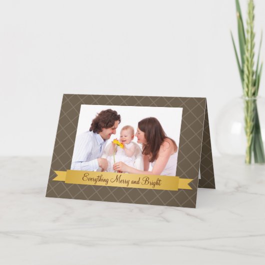 休日金ゴールドサテンリボン茶色の格子写真 シーズンカード (正面)