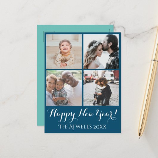 休日4写真ハッピーニューイヤー家族ブルー シーズンポストカード (正面/裏面インサイチュ)