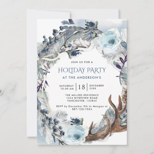 休日/クリスマスパーティー、ブルーとシルバーリース 招待状 (正面)
