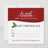 休日 – サロンとスパギフト証明書 (裏面)