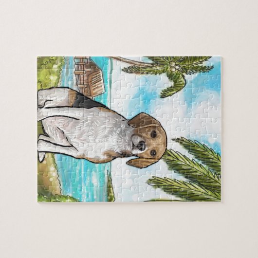 休暇の熱帯ビーチのビーグル犬 ジグソーパズル (横)