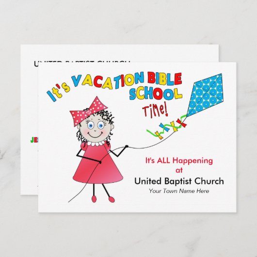 休暇の聖書の学校の郵便はがき-女の子の飛んでいるな凧 インビテーションポストカード (正面/裏面)