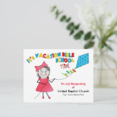 休暇の聖書の学校の郵便はがき-女の子の飛んでいるな凧 インビテーションポストカード (スタンド正面)