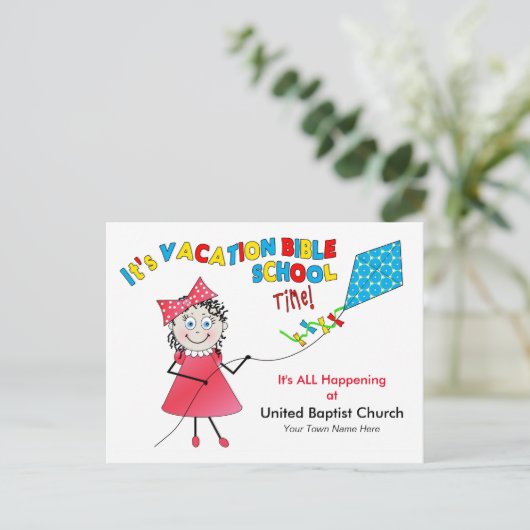 休暇の聖書の学校の郵便はがき-女の子の飛んでいるな凧 インビテーションポストカード (スタンド正面)