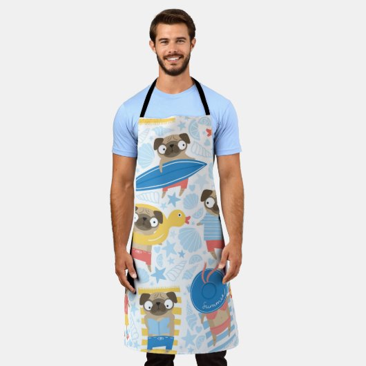 休暇中にかわいいパグ。~に漫画のパグが付いた模様 エプロン (着用した状態)