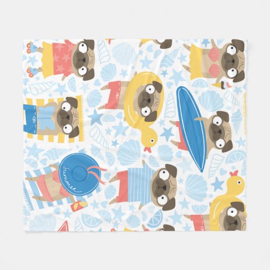 休暇中にかわいいパグ。~に漫画のパグが付いた模様 フリースブランケット (正面(横))