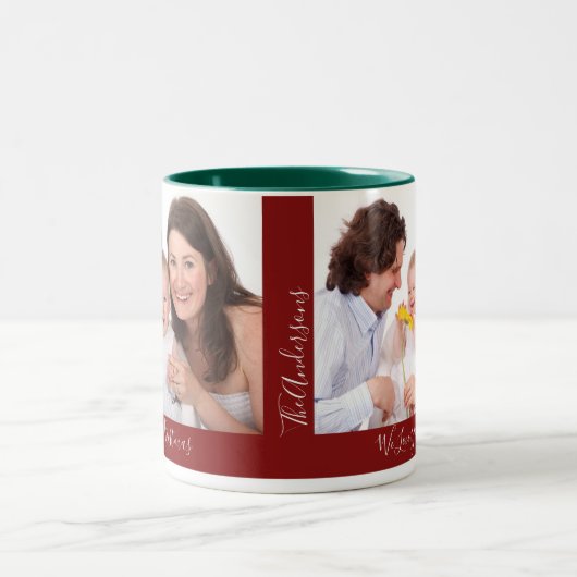 休暇中のクリスマスファミリーの作成2枚の写真 ツートーンマグカップ (中央)