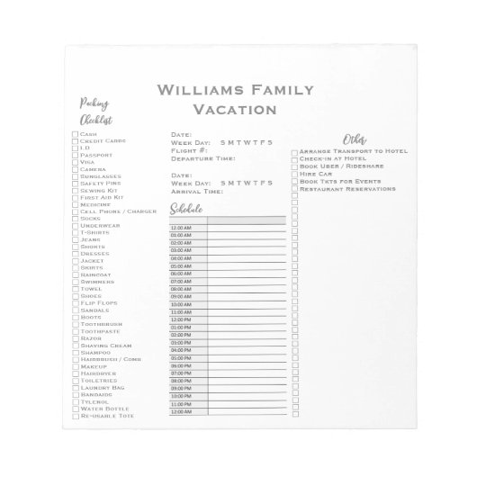 休暇旅行チェックリストスケジュールプランナー ノートパッド (正面)