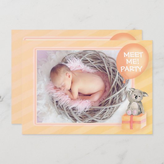 会う私の新生児発表オレンジ色のコアラのカード 招待状 (正面/裏面)