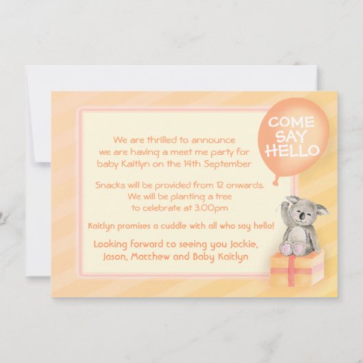 会う私の新生児発表オレンジ色のコアラのカード 招待状 (裏面)