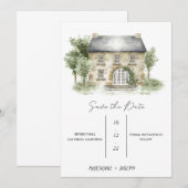 会場の絵を使った結婚式の延期のお知らせの招待状 招待状 (正面/裏面)