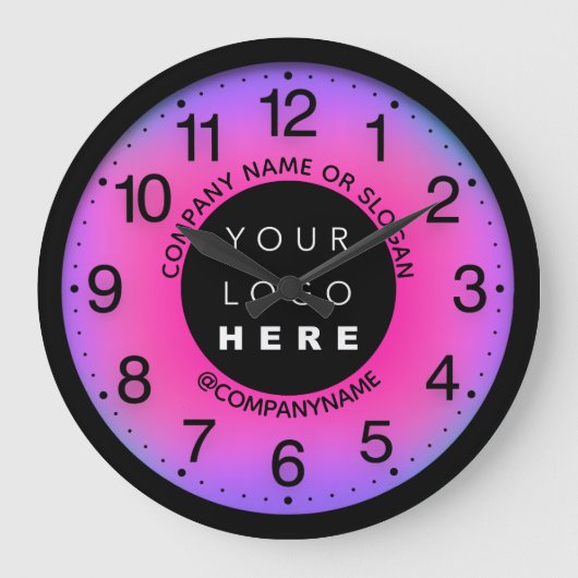会社のカスタムロゴピンク紫の名前のスローガン ラージ壁時計 (正面)
