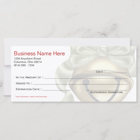 会社のギフト証明書金ゴールドベルグリーンリボン (裏面)