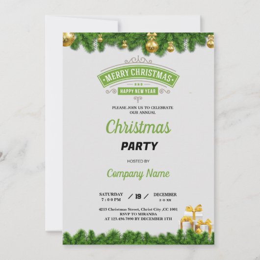会社のクリスマスパーティーにエレガントなボール 招待状 (正面)