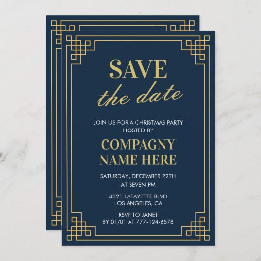 会社のクリスマスパーティー日付を保存する海軍 招待状 (正面/裏面)
