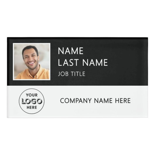 会社のモダンロゴ黒い従業員の写真 名札 (正面)