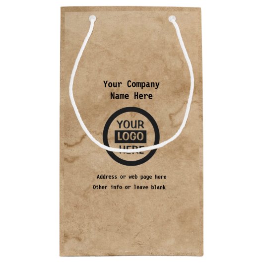 会社のロゴと情報 |茶色の背景オン スモールペーパーバッグ (裏面)