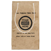会社のロゴと情報 |茶色の背景オン スモールペーパーバッグ (正面)