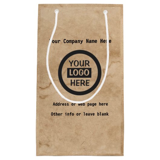 会社のロゴと情報 |茶色の背景オン スモールペーパーバッグ (正面)