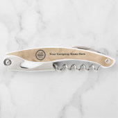 会社のロゴと情報 |茶色の背景オン ソムリエナイフ (正面)