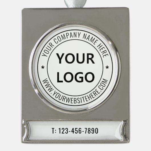 会社のロゴと文字クリスマスオーナメントテンプレート シルバープレートバナーオーナメント (正面)