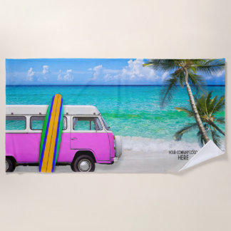 会社のロゴビーチPink Van & Surfboard ビーチタオル