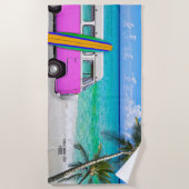 会社のロゴビーチPink Van & Surfboard ビーチタオル (正面)
