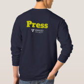 会社のロゴ付きのプレス資格情報シャツを入手 Tシャツ (裏面)