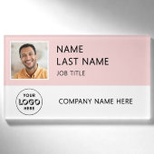 会社のロゴ入り社員写真マグネット ピンク 名札 (正面)
