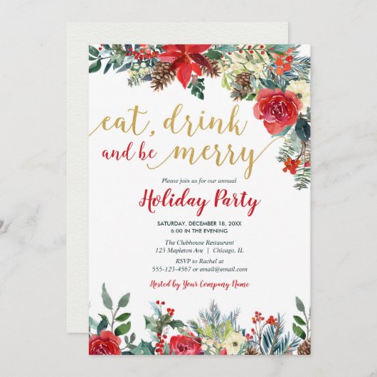 会社の休日パーティの赤色金ゴールドエレガントフローラ 招待状 (正面/裏面)