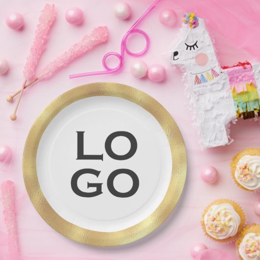 会社またはビジネスカスタムのロゴと金ゴールド枠 ペーパープレート (パーティー)