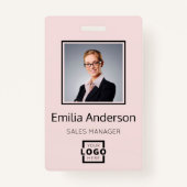 会社カスタムロゴバーコード社員フォトピンク バッジ (正面)