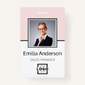 会社カスタムロゴバーコード社員フォトピンク バッジ (正面)