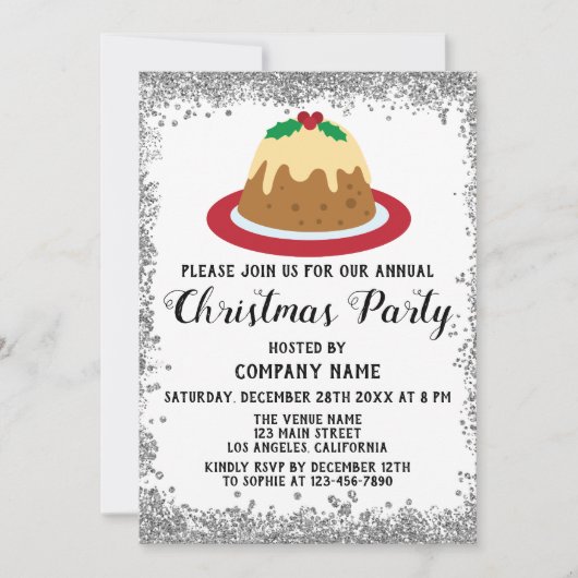 会社クリスマスパーティーホリデープディングレッドシルバー 招待状 (正面)