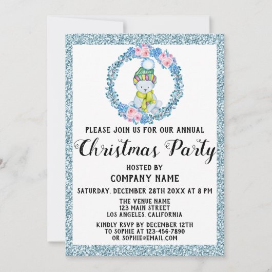 会社クリスマスパーティーライトブルーグリッターリース 招待状 (正面)