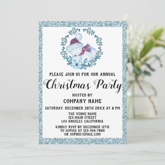 会社クリスマスパーティーリースライトブルーグリッター 招待状 (スタンド正面)