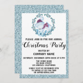 会社クリスマスパーティーリースライトブルーグリッター 招待状 (正面/裏面)