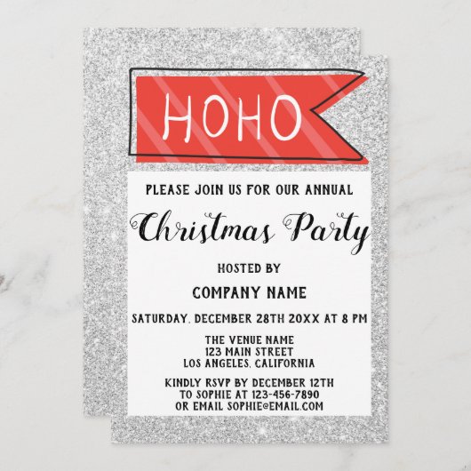 会社クリスマスパーティーレッド&グレーシルバーグリッター 招待状 (正面/裏面)