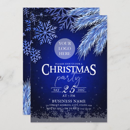 会社クリスマスパーティーロゴブルー冬エレガント 招待状 (正面/裏面)