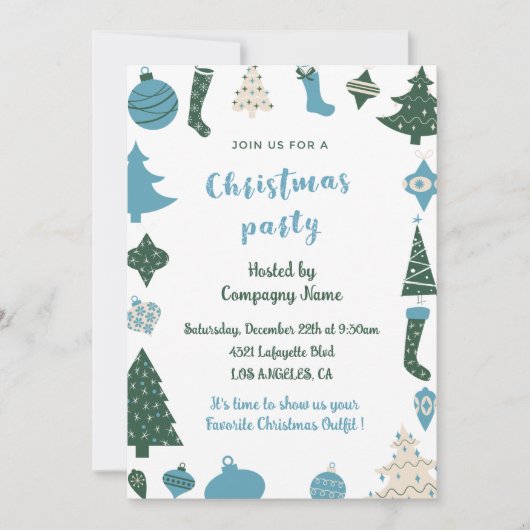 会社クリスマスパーティー招待状かわいいグリーンブルー 招待状 (正面)