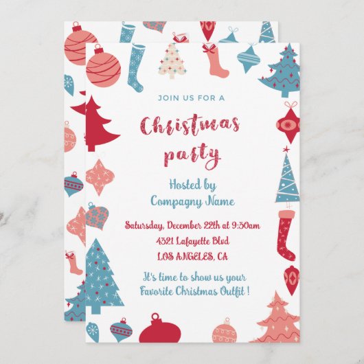 会社クリスマスパーティー招待状かわいいピンクとブルー 招待状 (正面/裏面)