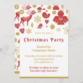 会社クリスマスパーティー招待状金ゴールドレッドノルディック 招待状 (正面/裏面)