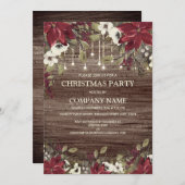 会社クリスマスパーティー素朴ウッドレッドポインセチア 招待状 (正面/裏面)
