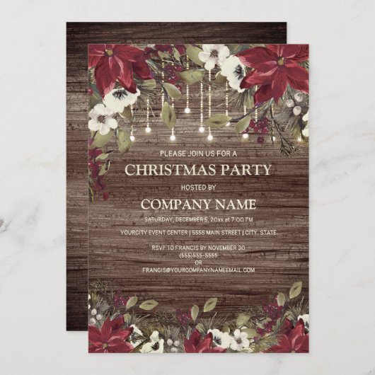 会社クリスマスパーティー素朴ウッドレッドポインセチア 招待状 (正面/裏面)