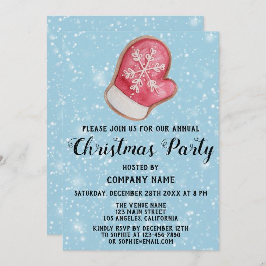 会社クリスマスパーティー赤白ミッテンブルースノー 招待状 (正面/裏面)
