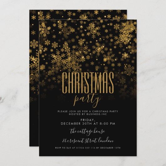 会社クリスマスホリデーパーティー金ゴールドブラック 招待状 (正面/裏面)