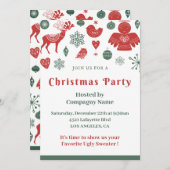 会社クリスマス美しい北欧パターングリーン 招待状 (正面/裏面)