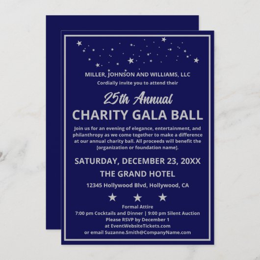 会社チャリティガラボールブルーエレガントシルバー 招待状 (正面/裏面)