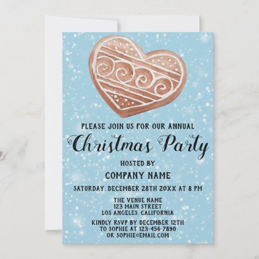 会社ホリデークリスマスパーティーハートブルースノー 招待状 (正面)