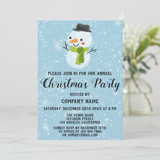 会社ホリデークリスマスパーティーホワイト雪だるまブルー 招待状 (スタンド正面)